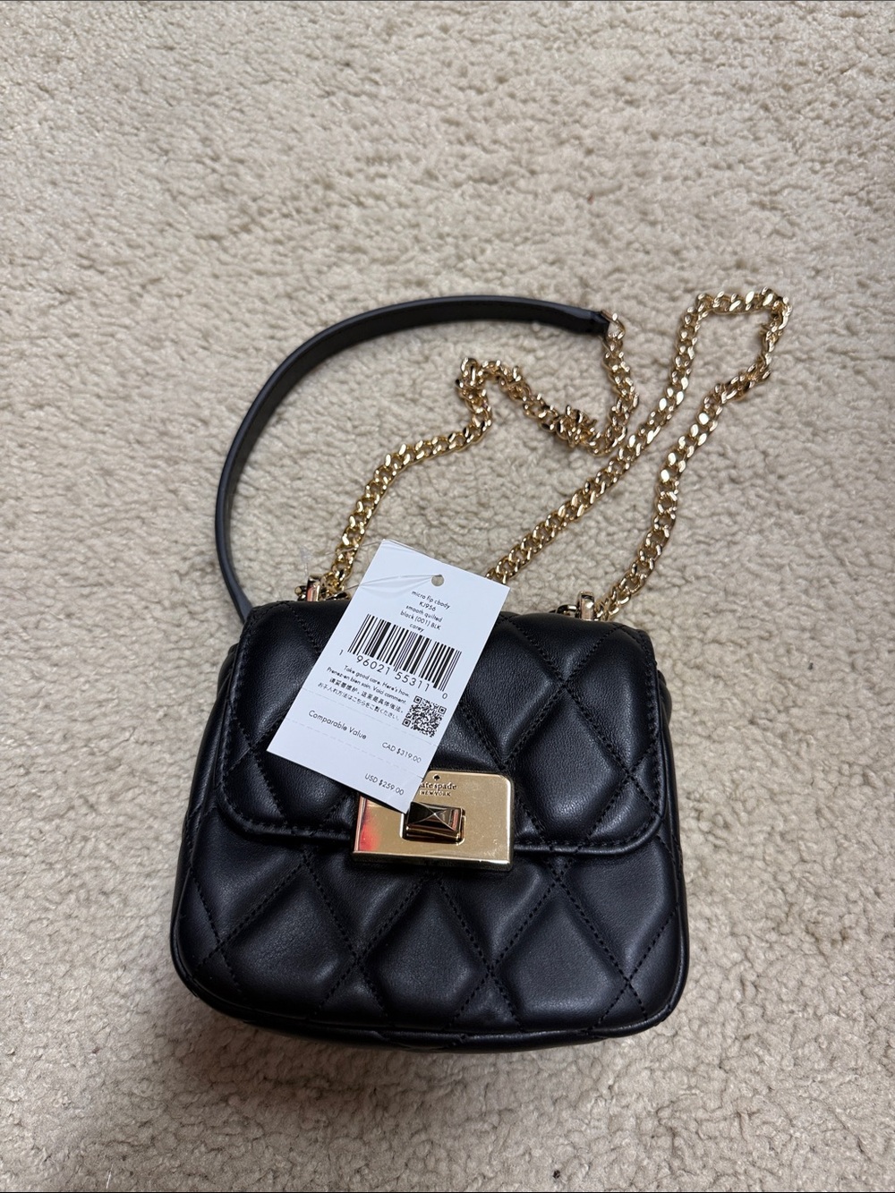 NWT Kate spade Black Quilted Mini Crossbody with Gold Chain